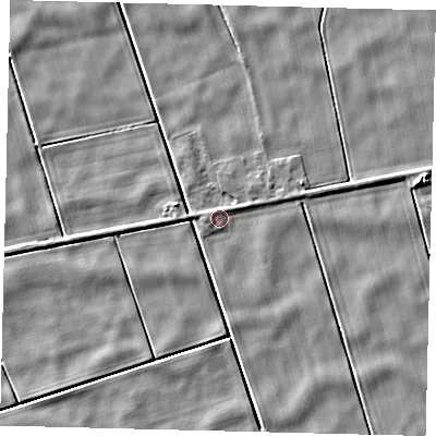 Shaded relief map of the ground around LN44BH, computed from Environment Agency LiDAR. The ground here sits at about 1 m above sea level and falls 5 m across the surrounding 800 m. Surface water reaching this point runs off ground lying to the north-east, 1.4 m higher.