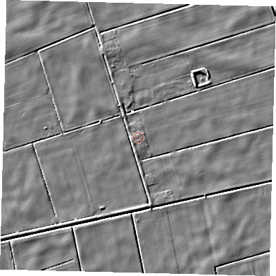 Shaded relief map of the ground around LN44BJ, computed from Environment Agency LiDAR. The ground here sits at about 2 m above sea level and falls 3 m across the surrounding 800 m. Surface water reaching this point runs off ground lying to the north-north-west, 2.0 m higher.