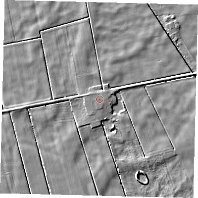 Shaded relief map of the ground around LN44BL, computed from Environment Agency LiDAR. The ground here sits at about 2 m above sea level and falls 4 m across the surrounding 800 m. The ground contributing surface water to this point lies to the west-north-west.