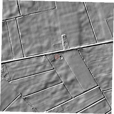 Shaded relief map of the ground around LN44BQ, computed from Environment Agency LiDAR. The ground here sits at about 1 m above sea level and falls 3 m across the surrounding 800 m. Surface water reaching this point runs off ground lying to the west, 2.3 m higher.