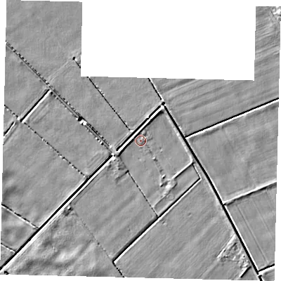 Shaded relief map of the ground around LN44BS, computed from Environment Agency LiDAR. The ground here sits at about 2 m above sea level and falls 3 m across the surrounding 800 m. The ground contributing surface water to this point lies to the south-east.