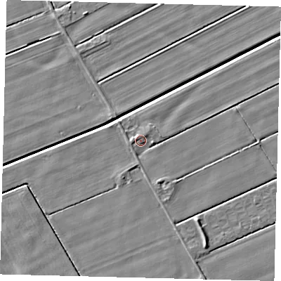 Shaded relief map of the ground around LN44BT, computed from Environment Agency LiDAR. The ground here sits at about 3 m above sea level and falls 5 m across the surrounding 800 m. Surface water reaching this point runs off ground lying to the north-west, 0.7 m higher.