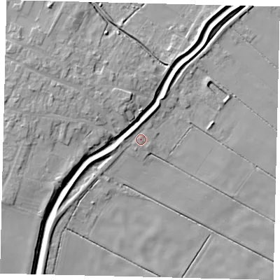 Shaded relief map of the ground around LN44DD, computed from Environment Agency LiDAR. The ground here sits at about 3 m above sea level and falls 8 m across the surrounding 800 m. Surface water reaching this point runs off ground lying to the west-north-west, 1.8 m higher.