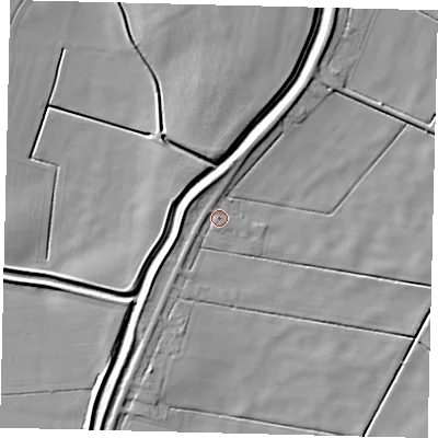 Shaded relief map of the ground around LN44DE, computed from Environment Agency LiDAR. The ground here sits at about 2 m above sea level and falls 7 m across the surrounding 800 m. Surface water reaching this point runs off ground lying to the north, 1.4 m higher.