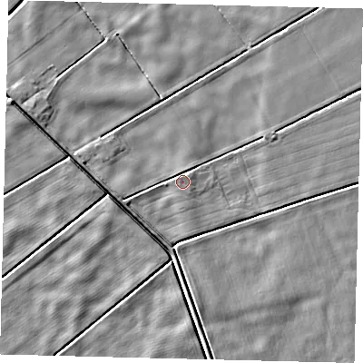 Shaded relief map of the ground around LN44DP, computed from Environment Agency LiDAR. The ground here sits at about 2 m above sea level and falls 3 m across the surrounding 800 m. Surface water reaching this point runs off ground lying to the north, 1.3 m higher.