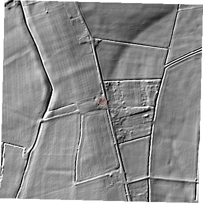 Shaded relief map of the ground around LN44DQ, computed from Environment Agency LiDAR. The ground here sits at about 4 m above sea level and falls 6 m across the surrounding 800 m. Surface water reaching this point runs off ground lying to the north-north-west, 2.6 m higher.