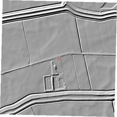 Shaded relief map of the ground around LN44DR, computed from Environment Agency LiDAR. The ground here sits at about 2 m above sea level and falls 6 m across the surrounding 800 m. Surface water reaching this point runs off ground lying to the north, 0.7 m higher.