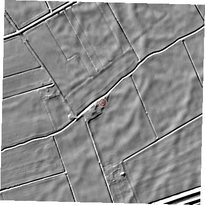Shaded relief map of the ground around LN44DS, computed from Environment Agency LiDAR. The ground here sits at about 2 m above sea level and falls 3 m across the surrounding 800 m. Surface water reaching this point runs off ground lying to the south-west, 2.5 m higher.