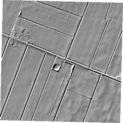 Shaded relief map of the ground around LN44DT, computed from Environment Agency LiDAR. The ground here sits at about 2 m above sea level and falls 4 m across the surrounding 800 m. Surface water reaching this point runs off ground lying to the east, 1.3 m higher.