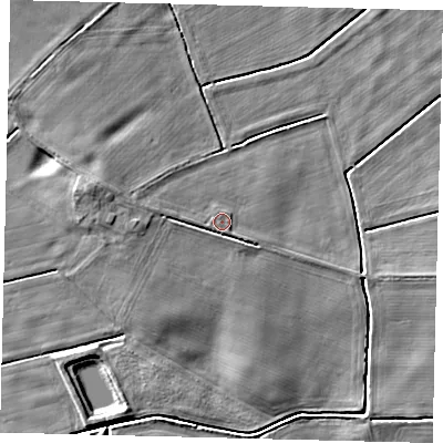 Shaded relief map of the ground around LN44DW, computed from Environment Agency LiDAR. The ground here sits at about 4 m above sea level and falls 7 m across the surrounding 800 m. Surface water reaching this point runs off ground lying to the west, 1.7 m higher.