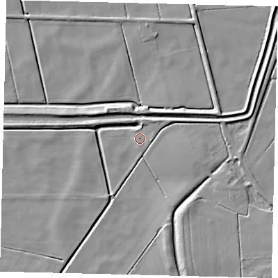 Shaded relief map of the ground around LN44DX, computed from Environment Agency LiDAR. The ground here sits at about 2 m above sea level and falls 7 m across the surrounding 800 m. Surface water reaching this point runs off ground lying to the east-north-east, 2.8 m higher.