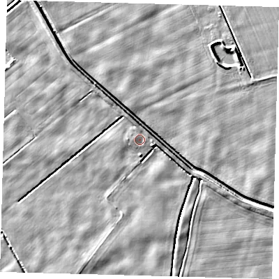 Shaded relief map of the ground around LN44FP, computed from Environment Agency LiDAR. The ground here sits at about 2 m above sea level and falls 5 m across the surrounding 800 m. Surface water reaching this point runs off ground lying to the east-north-east, 1.0 m higher.
