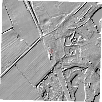Shaded relief map of the ground around LN44JG, computed from Environment Agency LiDAR. The ground here sits at about 5 m above sea level and falls 5 m across the surrounding 800 m. Surface water reaching this point runs off ground lying to the south, 1.4 m higher.
