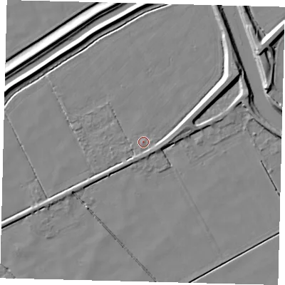 Shaded relief map of the ground around LN44JH, computed from Environment Agency LiDAR. The ground here sits at about 2 m above sea level and falls 7 m across the surrounding 800 m. Surface water reaching this point runs off ground lying to the north-east, 6.1 m higher.
