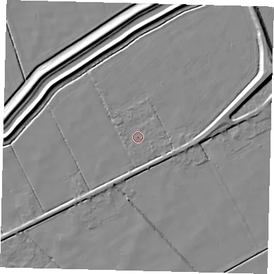 Shaded relief map of the ground around LN44JJ, computed from Environment Agency LiDAR. The ground here sits at about 2 m above sea level and falls 8 m across the surrounding 800 m. Surface water reaching this point runs off ground lying to the east-south-east, 0.8 m higher.