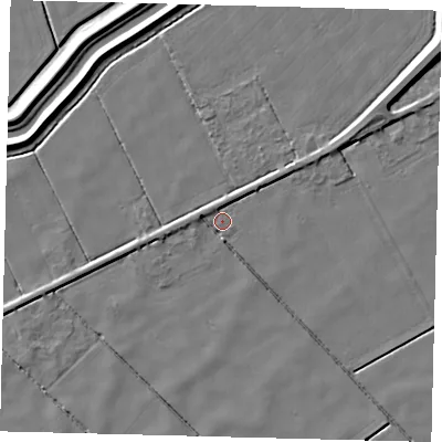 Shaded relief map of the ground around LN44JL, computed from Environment Agency LiDAR. The ground here sits at about 2 m above sea level and falls 7 m across the surrounding 800 m. Surface water reaching this point runs off ground lying to the north-east, 2.6 m higher.