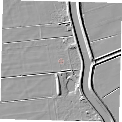 Shaded relief map of the ground around LN44JP, computed from Environment Agency LiDAR. The ground here sits at about 2 m above sea level and falls 6 m across the surrounding 800 m. Surface water reaching this point runs off ground lying to the east-north-east, 3.7 m higher.