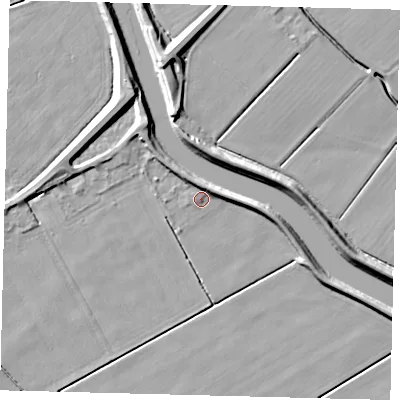 Shaded relief map of the ground around LN44JQ, computed from Environment Agency LiDAR. The ground here sits at about 3 m above sea level and falls 7 m across the surrounding 800 m. Surface water reaching this point runs off ground lying to the north-north-east, 3.2 m higher.