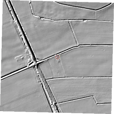 Shaded relief map of the ground around LN44JR, computed from Environment Agency LiDAR. The ground here sits at about 3 m above sea level and falls 6 m across the surrounding 800 m. Surface water reaching this point runs off ground lying to the west-south-west, 3.6 m higher.