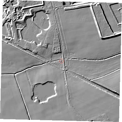 Shaded relief map of the ground around LN44JS, computed from Environment Agency LiDAR. The ground here sits at about 4 m above sea level and falls 10 m across the surrounding 800 m. Surface water reaching this point runs off ground lying to the north-east, 8.4 m higher.