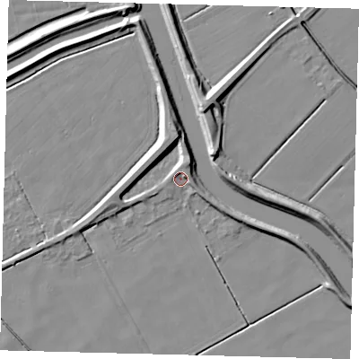 Shaded relief map of the ground around LN44JU, computed from Environment Agency LiDAR. The ground here sits at about 2 m above sea level and falls 7 m across the surrounding 800 m. Surface water reaching this point runs off ground lying to the north, 5.7 m higher.