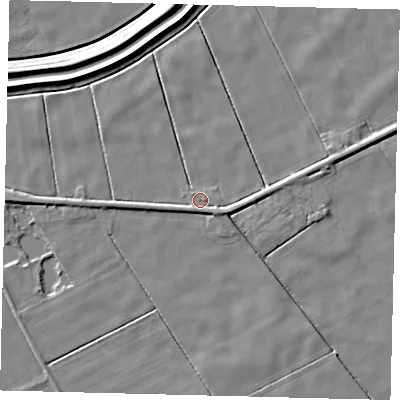 Shaded relief map of the ground around LN44JW, computed from Environment Agency LiDAR. The ground here sits at about 2 m above sea level and falls 5 m across the surrounding 800 m. Surface water reaching this point runs off ground lying to the south-east, 1.9 m higher.