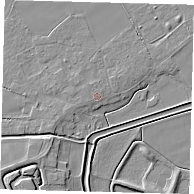 Shaded relief map of the ground around LN44LE, computed from Environment Agency LiDAR. The ground here sits at about 5 m above sea level and falls 7 m across the surrounding 800 m. Surface water reaching this point runs off ground lying to the north-west, 0.6 m higher.