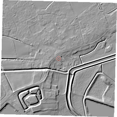 Shaded relief map of the ground around LN44LG, computed from Environment Agency LiDAR. The ground here sits at about 5 m above sea level and falls 7 m across the surrounding 800 m. Surface water reaching this point runs off ground lying to the north-north-west, 1.5 m higher.