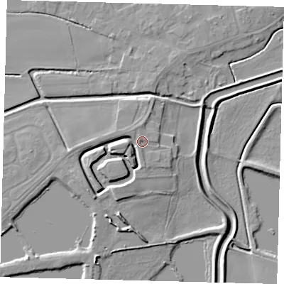 Shaded relief map of the ground around LN44LR, computed from Environment Agency LiDAR. The ground here sits at about 6 m above sea level and falls 7 m across the surrounding 800 m. Surface water reaching this point runs off ground lying to the west, 4.7 m higher.