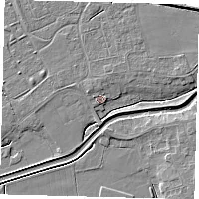 Shaded relief map of the ground around LN44NL, computed from Environment Agency LiDAR. The ground here sits at about 5 m above sea level and falls 9 m across the surrounding 800 m. Surface water reaching this point runs off ground lying to the north-west, 1.5 m higher.