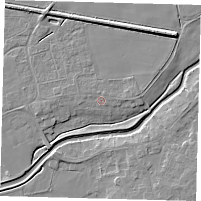 Shaded relief map of the ground around LN44PB, computed from Environment Agency LiDAR. The ground here sits at about 6 m above sea level and falls 9 m across the surrounding 800 m. Surface water reaching this point runs off ground lying to the north-east, 0.9 m higher.
