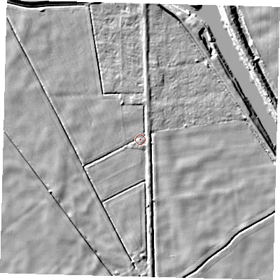 Shaded relief map of the ground around LN44PX, computed from Environment Agency LiDAR. The ground here sits at about 2 m above sea level and falls 5 m across the surrounding 800 m. Surface water reaching this point runs off ground lying to the east, 1.6 m higher.