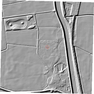 Shaded relief map of the ground around LN44PY, computed from Environment Agency LiDAR. The ground here sits at about 2 m above sea level and falls 6 m across the surrounding 800 m. Surface water reaching this point runs off ground lying to the east-north-east, 4.0 m higher.