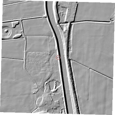 Shaded relief map of the ground around LN44PZ, computed from Environment Agency LiDAR. The ground here sits at about 2 m above sea level and falls 6 m across the surrounding 800 m. Surface water reaching this point runs off ground lying to the north, 3.2 m higher.