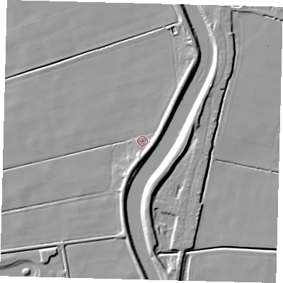 Shaded relief map of the ground around LN44QA, computed from Environment Agency LiDAR. The ground here sits at about 2 m above sea level and falls 8 m across the surrounding 800 m. Surface water reaching this point runs off ground lying to the south, 3.3 m higher.