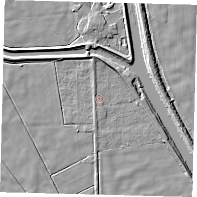 Shaded relief map of the ground around LN44QB, computed from Environment Agency LiDAR. The ground here sits at about 2 m above sea level and falls 5 m across the surrounding 800 m. Surface water reaching this point runs off ground lying to the north-north-west, 1.1 m higher.