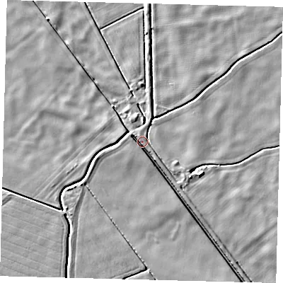 Shaded relief map of the ground around LN44QD, computed from Environment Agency LiDAR. The ground here sits at about 2 m above sea level and falls 5 m across the surrounding 800 m. Surface water reaching this point runs off ground lying to the south-east, 1.4 m higher.