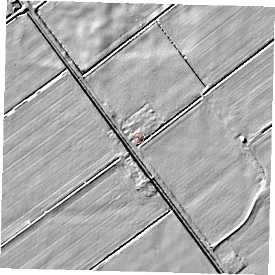 Shaded relief map of the ground around LN44QE, computed from Environment Agency LiDAR. The ground here sits at about 2 m above sea level and falls 5 m across the surrounding 800 m. Surface water reaching this point runs off ground lying to the south-east, 1.9 m higher.