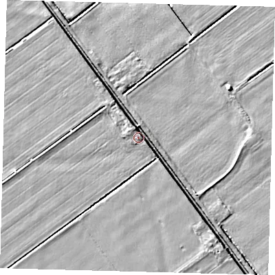 Shaded relief map of the ground around LN44QF, computed from Environment Agency LiDAR. The ground here sits at about 3 m above sea level and falls 5 m across the surrounding 800 m. Surface water reaching this point runs off ground lying to the north-north-west, 3.7 m higher.