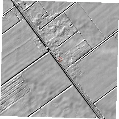 Shaded relief map of the ground around LN44QH, computed from Environment Agency LiDAR. The ground here sits at about 2 m above sea level and falls 4 m across the surrounding 800 m. Surface water reaching this point runs off ground lying to the west, 2.0 m higher.