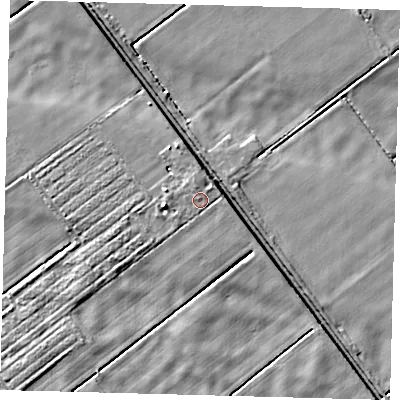 Shaded relief map of the ground around LN44QJ, computed from Environment Agency LiDAR. The ground here sits at about 2 m above sea level and falls 4 m across the surrounding 800 m. Surface water reaching this point runs off ground lying to the east-north-east, 1.1 m higher.