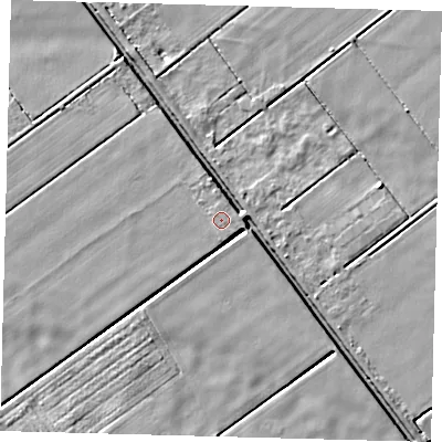 Shaded relief map of the ground around LN44QL, computed from Environment Agency LiDAR. The ground here sits at about 2 m above sea level and falls 4 m across the surrounding 800 m. Surface water reaching this point runs off ground lying to the east, 0.6 m higher.