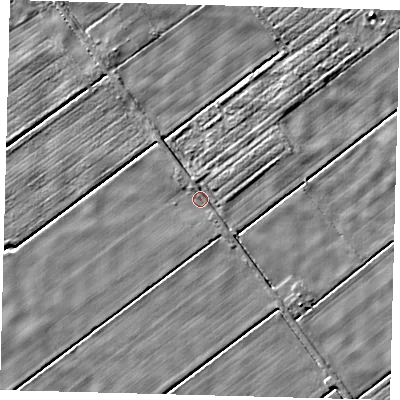 Shaded relief map of the ground around LN44QN, computed from Environment Agency LiDAR. The ground here sits at about 2 m above sea level and falls 4 m across the surrounding 800 m. Surface water reaching this point runs off ground lying to the south-east, 1.1 m higher.