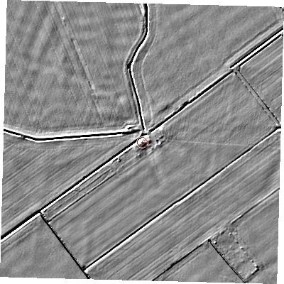 Shaded relief map of the ground around LN44QR, computed from Environment Agency LiDAR. The ground here sits at about 2 m above sea level and falls 4 m across the surrounding 800 m. Surface water reaching this point runs off ground lying to the south, 1.0 m higher.