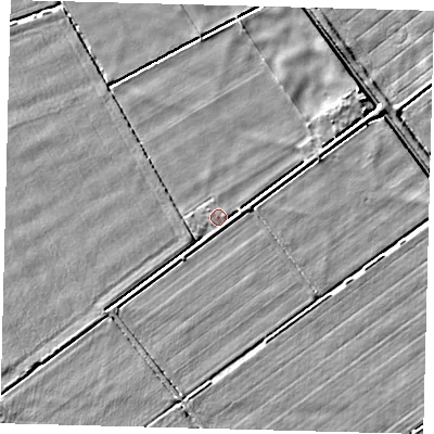 Shaded relief map of the ground around LN44QS, computed from Environment Agency LiDAR. The ground here sits at about 2 m above sea level and falls 3 m across the surrounding 800 m. Surface water reaching this point runs off ground lying to the east-north-east, 1.3 m higher.