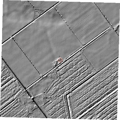 Shaded relief map of the ground around LN44QW, computed from Environment Agency LiDAR. The ground here sits at about 2 m above sea level and falls 3 m across the surrounding 800 m. Surface water reaching this point runs off ground lying to the south-west, 1.4 m higher.