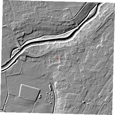 Shaded relief map of the ground around LN44RA, computed from Environment Agency LiDAR. The ground here sits at about 6 m above sea level and falls 7 m across the surrounding 800 m. Surface water reaching this point runs off ground lying to the east-north-east, 2.1 m higher.