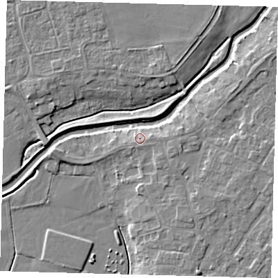 Shaded relief map of the ground around LN44RB, computed from Environment Agency LiDAR. The ground here sits at about 6 m above sea level and falls 7 m across the surrounding 800 m. Surface water reaching this point runs off ground lying to the east-south-east, 0.5 m higher.