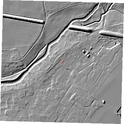 Shaded relief map of the ground around LN44RF, computed from Environment Agency LiDAR. The ground here sits at about 7 m above sea level and falls 9 m across the surrounding 800 m. Surface water reaching this point runs off ground lying to the east-north-east, 3.4 m higher.