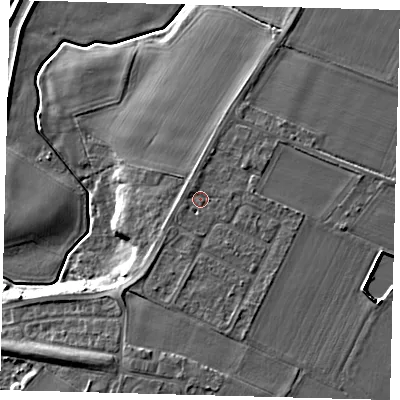 Shaded relief map of the ground around LN44RQ, computed from Environment Agency LiDAR. The ground here sits at about 10 m above sea level and falls 8 m across the surrounding 800 m. Surface water reaching this point runs off ground lying to the east, 1.1 m higher.